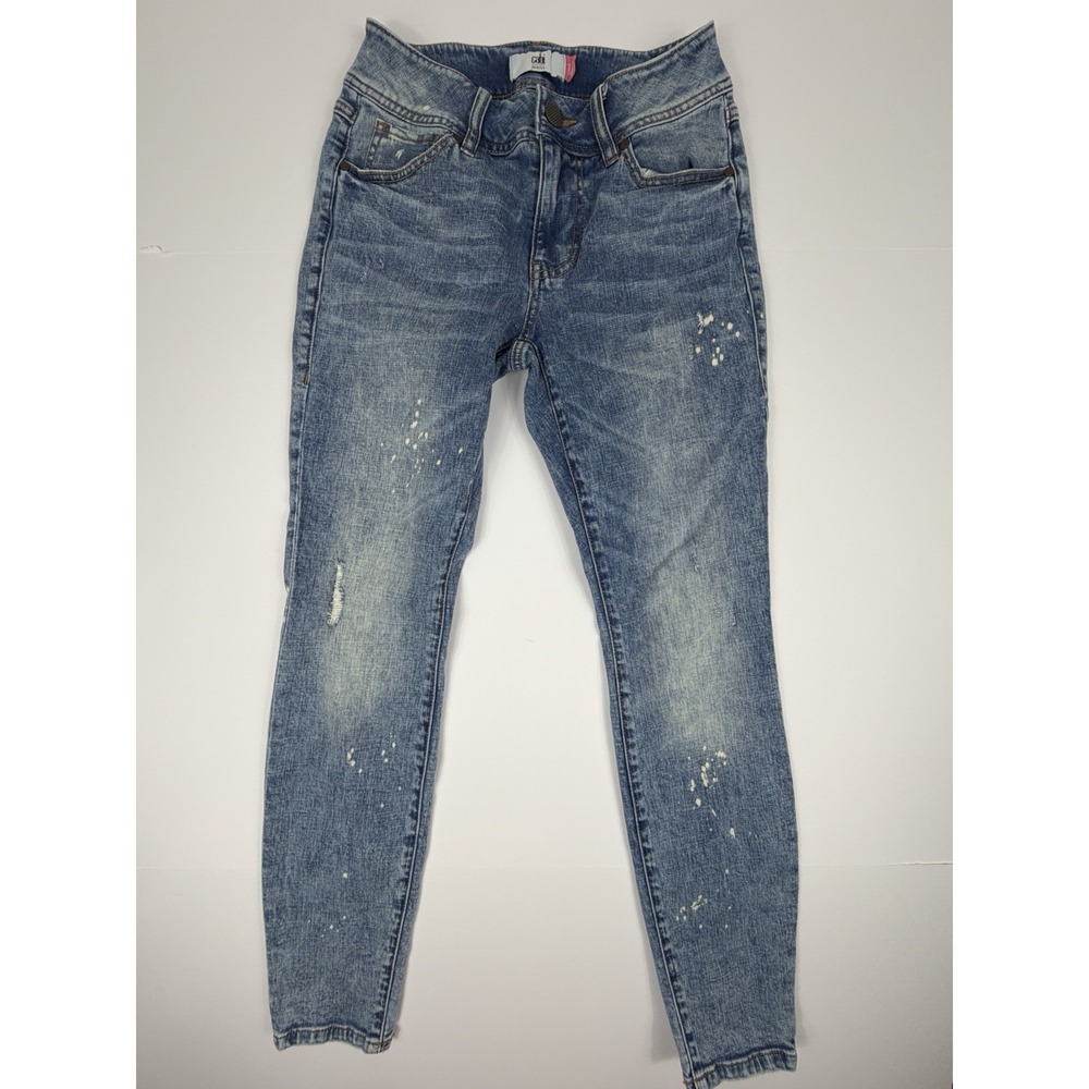 CAbi Womens Size 4 Skinny Jeans Light Wash Distressed Paint Splatter Denim